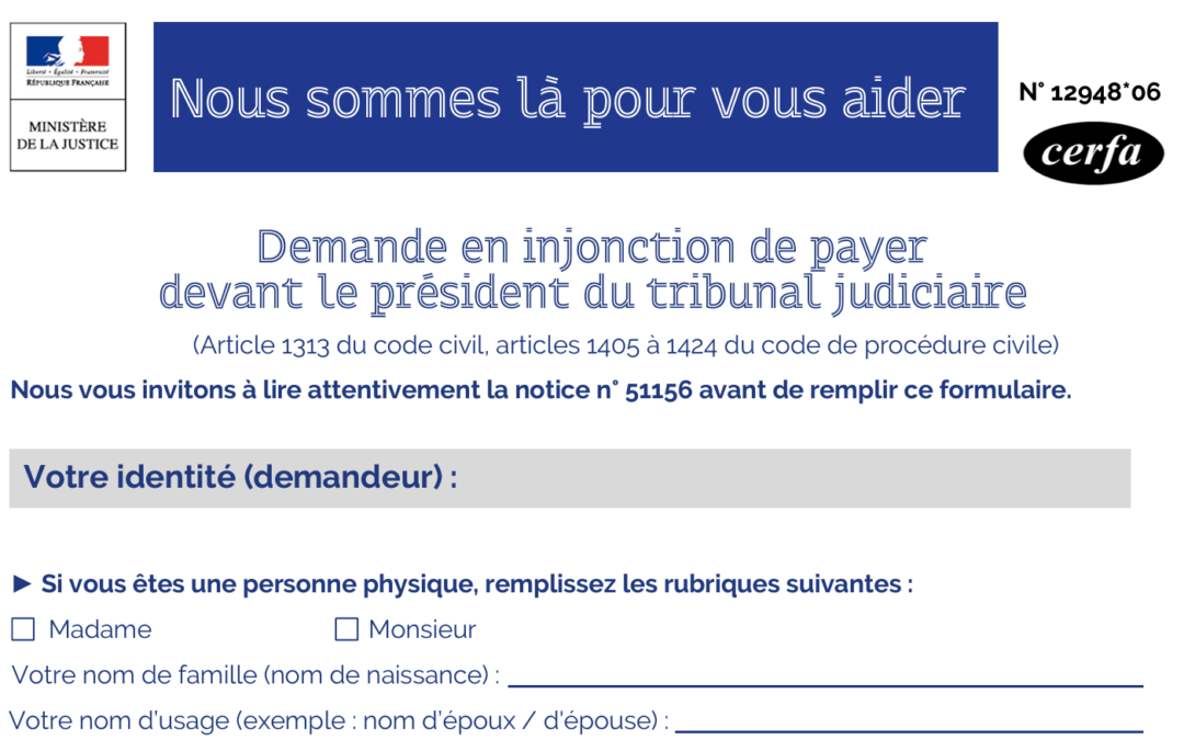 Visuel d'un formulaire provenant du site du gouvernant pour déposer une demande d'injonction de payer